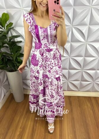 Vestido Crepe Alfaiataria Longo Manga Babadinho Lyra - Roxo - Milla Chic