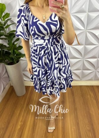 Vestido Crepe Chiffon Curto Manga Raglan Estampado Celia - Azul e Branco - Milla Chic