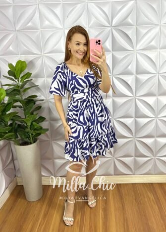 Vestido Crepe Chiffon Curto Manga Raglan Estampado Celia - Azul e Branco - Milla Chic