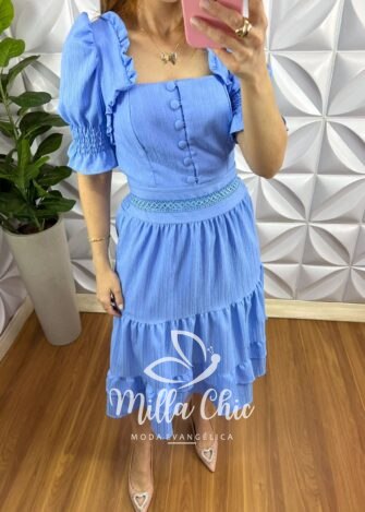 Milla Chic - millachic com br vestido crepe com botoes encapados manga princesa carla azul Vestido Crepe Com Botões Encapados  Manga Princesa Carla - Azul - Milla Chic