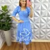 Vestido Crepe Com Botões Encapados  Manga Princesa Carla - Azul - Milla Chic