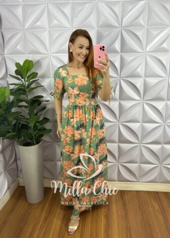 Vestido Crepe Seda Longo Estampado Manga Princesa Quezia - Verde - Milla Chic