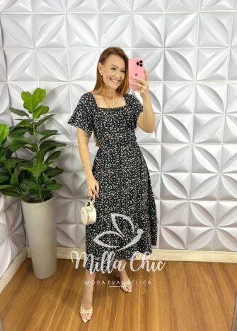 Vestido Crepinho Mídi Com Bojo Estampado Lolita - Preto - Milla Chic