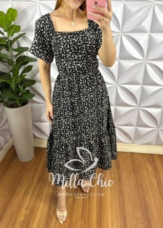 Vestido Crepinho Mídi Com Bojo Estampado Lolita - Preto - Milla Chic