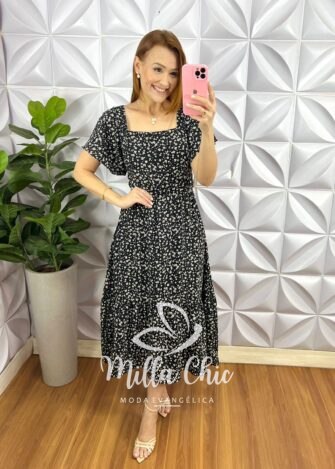 Vestido Crepinho Mídi Com Bojo Estampado Lolita - Preto - Milla Chic