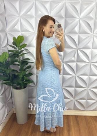Vestido Renda Crochê Longo Com Forro Camisolinha Simone - Azul - Milla Chic