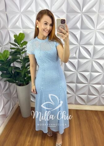 Vestido Renda Crochê Longo Com Forro Camisolinha Simone - Azul - Milla Chic