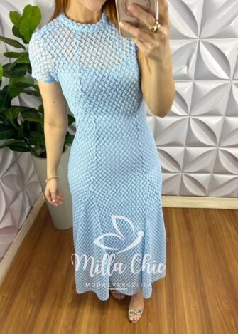 Vestido Renda Crochê Longo Com Forro Camisolinha Simone - Azul - Milla Chic
