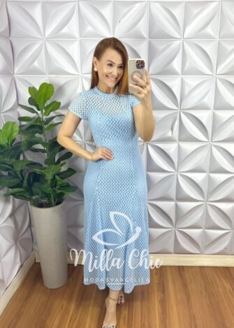 Vestido Renda Crochê Longo Com Forro Camisolinha Simone - Azul - Milla Chic
