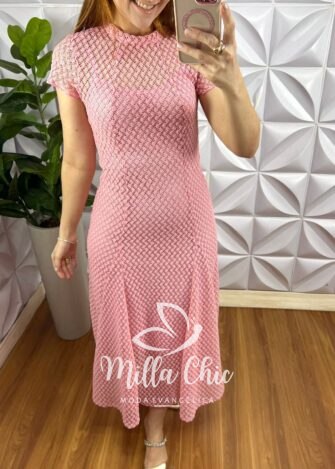Vestido Renda Crochê Longo Com Forro Camisolinha Simone - Rosa - Milla Chic