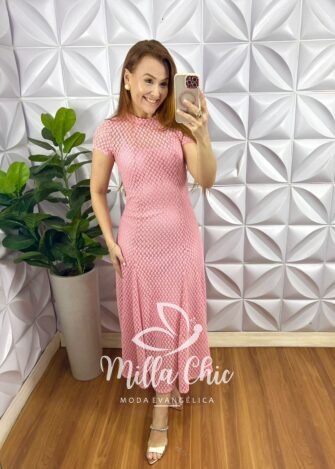 Vestido Renda Crochê Longo Com Forro Camisolinha Simone - Rosa - Milla Chic