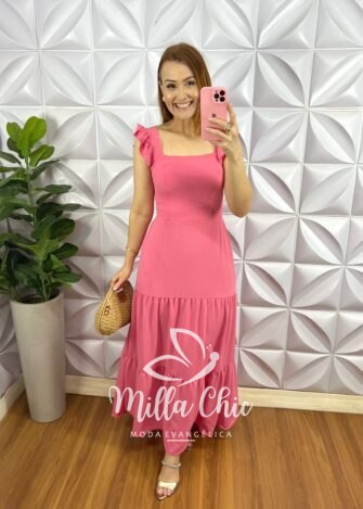 Vestido Dunna Longo Manga Babadinho Renata - Rosa - Milla Chic