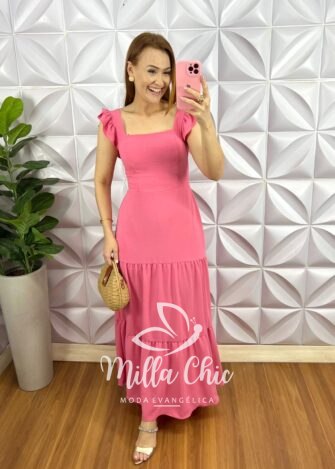 Vestido Dunna Longo Manga Babadinho Renata - Rosa - Milla Chic