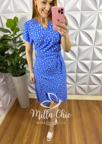 Vestido Envelope Viscolinho Faixa Cinto Melissa - Azul - Milla Chic