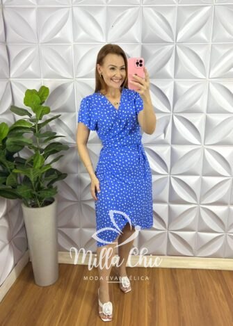 Vestido Envelope Viscolinho Faixa Cinto Melissa - Azul - Milla Chic