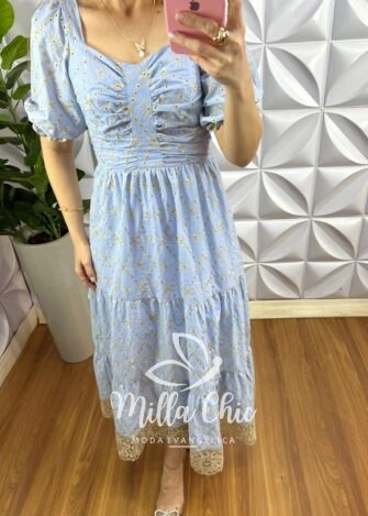 Vestido Leise Mídi Três Marias Com Drapeados No Busto Bianca - Azul - Milla Chic