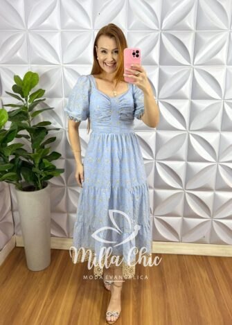 Vestido Leise Mídi Três Marias Com Drapeados No Busto Bianca - Azul - Milla Chic