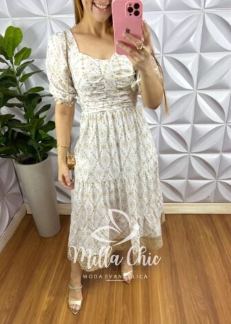 Vestido Leise Mídi Três Marias Com Drapeados No Busto Bianca - Branco - Milla Chic