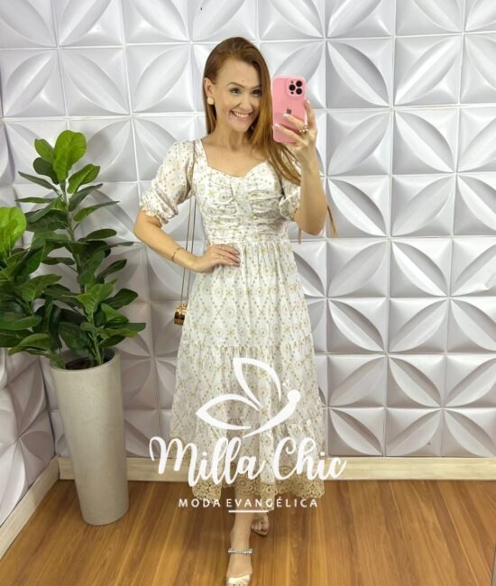 Vestido Leise Mídi Três Marias Com Drapeados No Busto Bianca - Branco - Milla Chic