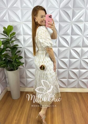 Vestido Leise Mídi Três Marias Com Drapeados No Busto Bianca - Branco - Milla Chic