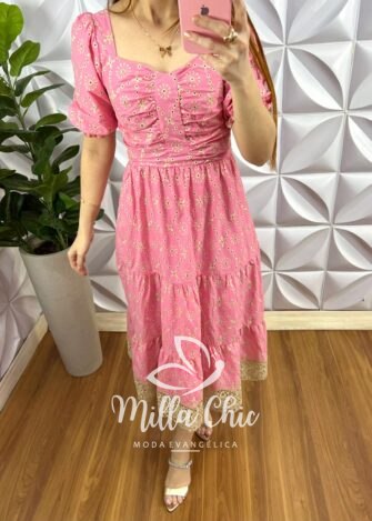 Vestido Leise Mídi Três Marias Com Drapeados No Busto Bianca - Rosa - Milla Chic