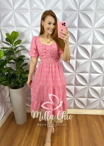 Vestido Leise Mídi Três Marias Com Drapeados No Busto Bianca - Rosa - Milla Chic