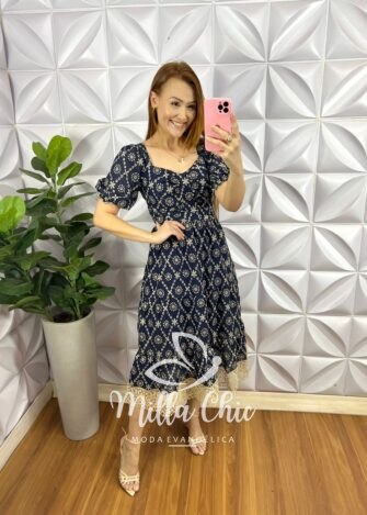 Vestido Leise Mídi Três Marias Com Drapeados No Busto Bianca - Azul Escuro - Milla Chic