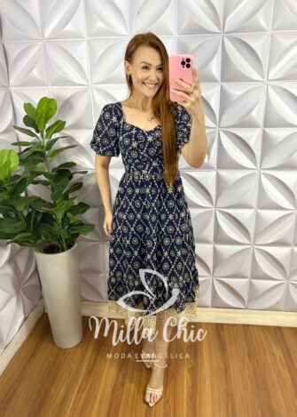 Vestido Leise Mídi Três Marias Com Drapeados No Busto Bianca - Azul Escuro - Milla Chic