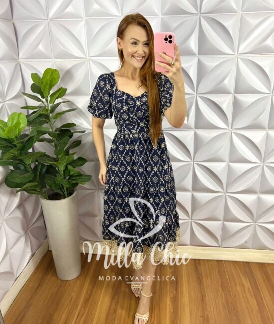 Vestido Leise Mídi Três Marias Com Drapeados No Busto Bianca - Azul Escuro - Milla Chic