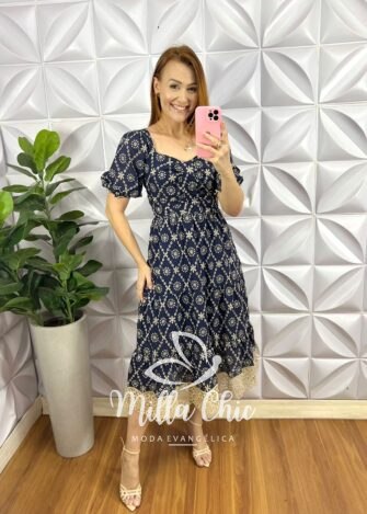 Vestido Leise Mídi Três Marias Com Drapeados No Busto Bianca - Azul Escuro - Milla Chic