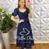 Vestido Leise Mídi Três Marias Com Drapeados No Busto Estela - Azul Marinho (borboletas) - Milla Chic