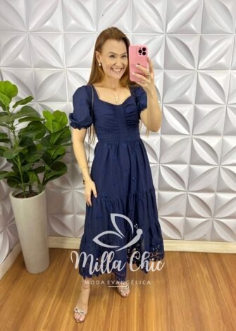 Vestido Leise Mídi Três Marias Com Drapeados No Busto Estela - Azul Marinho (borboletas) - Milla Chic
