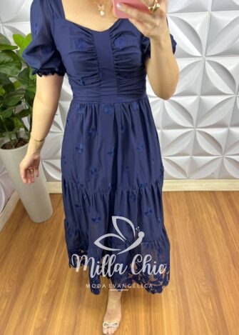 Vestido Leise Mídi Três Marias Com Drapeados No Busto Estela - Azul Marinho (borboletas) - Milla Chic