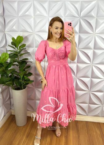 Vestido Leise Mídi Três Marias Com Drapeados No Busto Estela - Rosa - Milla Chic