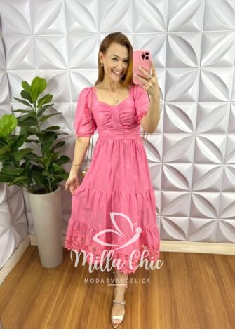 Vestido Leise Mídi Três Marias Com Drapeados No Busto Estela - Rosa - Milla Chic