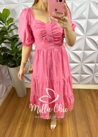 Vestido Leise Mídi Três Marias Com Drapeados No Busto Estela - Rosa - Milla Chic