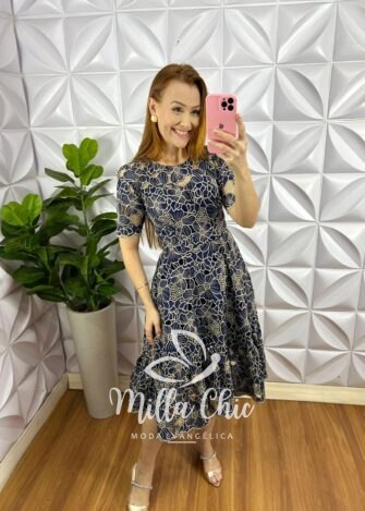 Vestido Richilieu Bordado Evase Mídi Maria Clara - Azul Escuro - Milla Chic