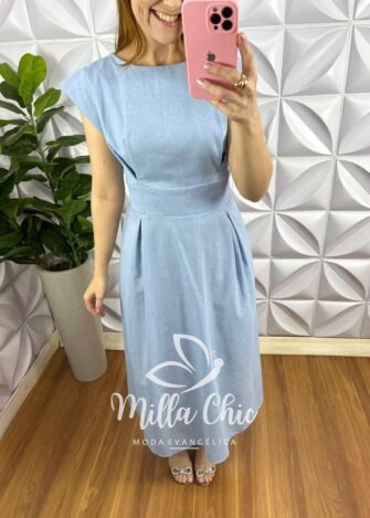 Vestido Linhão Mídi Com Pregas E Lastex Luna - Baby Blue - Milla Chic