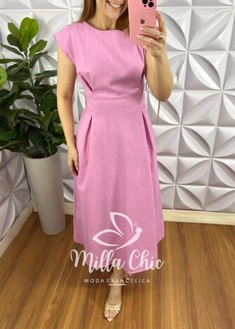 Vestido Linhão Mídi Com Pregas E Lastex Luna - Rosa - Milla Chic