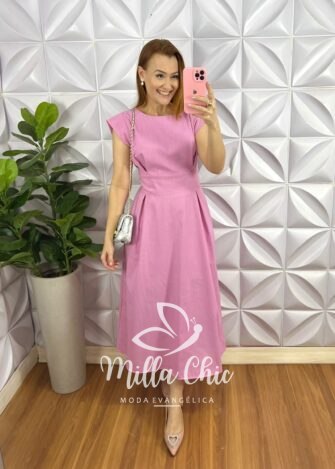 Vestido Linhão Mídi Com Pregas E Lastex Luna - Rosa - Milla Chic