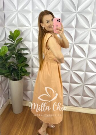 Vestido Linhão Mídi Com Pregas E Lastex Luna - Pêssego - Milla Chic