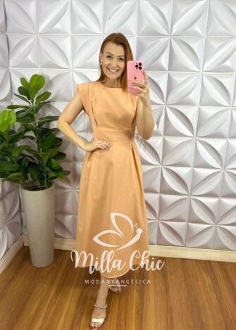 Vestido Linhão Mídi Com Pregas E Lastex Luna - Pêssego - Milla Chic