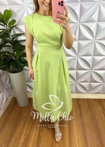 Vestido Linhão Mídi Com Pregas E Lastex Luna - Verde Menta - Milla Chic