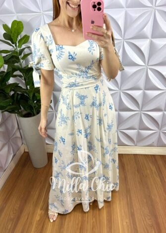 Vestido Linho 100% Algodão Longo Com Bojo e Drapeados Meire - Areia Com Azul - Milla Chic
