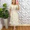 Vestido Linho Com Viscose Bordado Com Cinto Cordão Carine - Areia Bicolor - Milla Chic