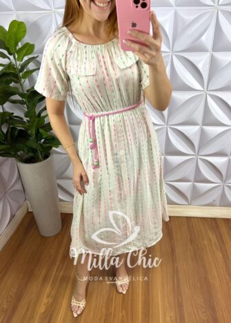 Vestido Linho Com Viscose Bordado Com Cinto Cordão Carine - Areia Bicolor - Milla Chic