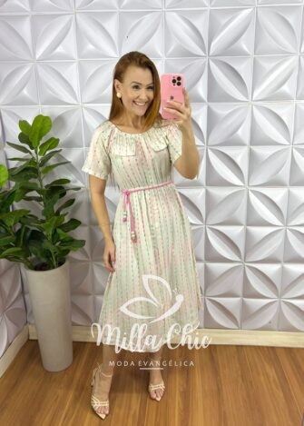Vestido Linho Com Viscose Bordado Com Cinto Cordão Carine - Areia Bicolor - Milla Chic