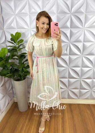 Vestido Linho Com Viscose Bordado Com Cinto Cordão Carine - Areia Bicolor - Milla Chic