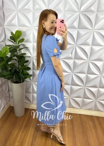 Vestido Linho Godê Mídi Com Manga Princesa Carmem - Azul - Milla Chic