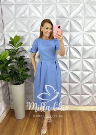 Vestido Linho Godê Mídi Com Manga Princesa Carmem - Azul - Milla Chic